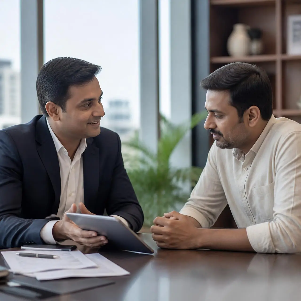 Loan consultant discussing loan options with a business owner across an office desk