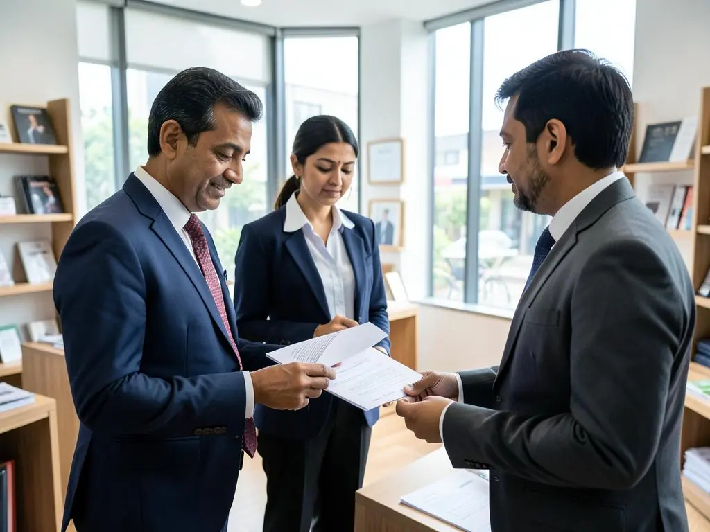 Loan consultant handing business loan paperwork to a business owner in an office