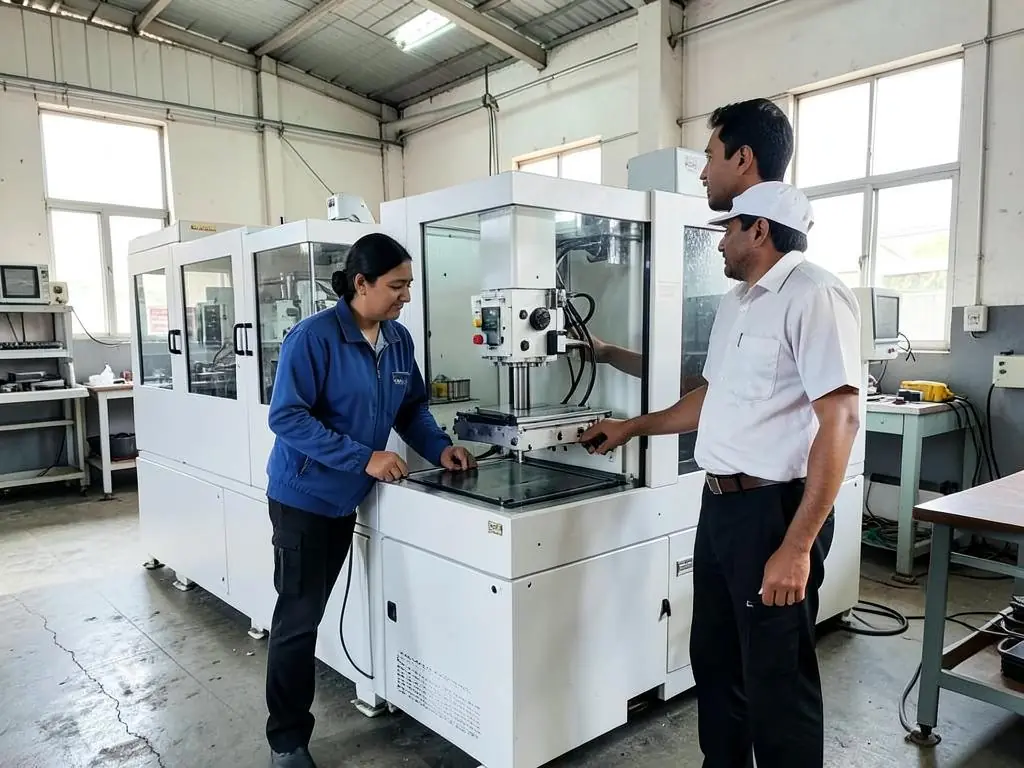 Manufacturing owner inspecting new machinery with an operator