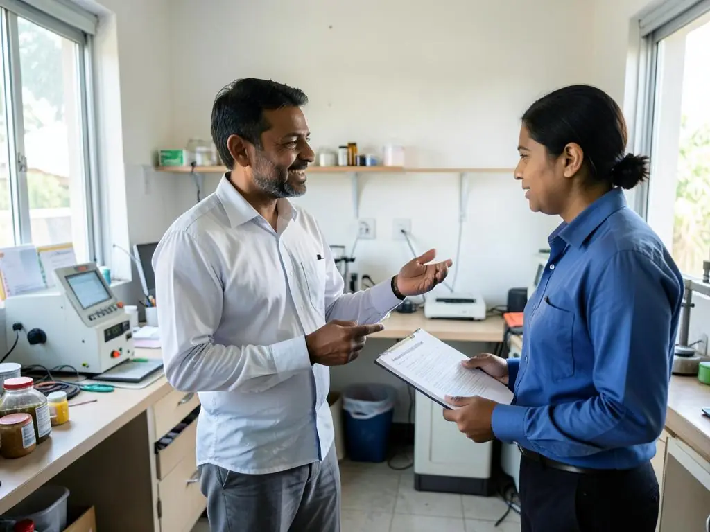 MSME unit owner discussing finance with an advisor in a small production unit