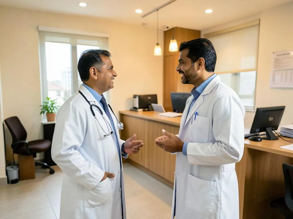 Doctors discussing practice finance inside a clinic reception