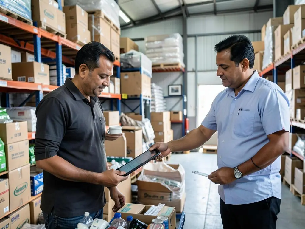 Trader reviewing stock in a warehouse with a finance advisor